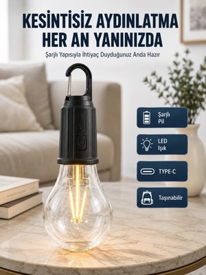 TeknoKapsül 3 Farklı Mod Led'li Şarjlı Asma Kancalı Kamp Lambası Taşınabilir Ampul