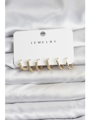 Uravas Store Gold Renk Pirinç Zirkon Taşlı Kadın Küpe Seti TJ-BKP11477