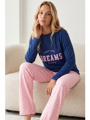 Siyah İnci Indigo Desenli Pamuklu Likralı Örme Pijama TAKIM26240332