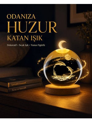 Just Cheap Store Yunus Temalı Kristal Küre USB Işıklı Ahşap Altlıklı Gece Lambası
