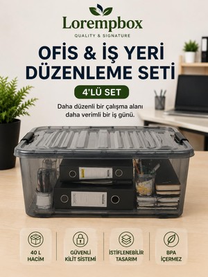 Lorempbox 40 L Ofis & Iş Yeri Düzenleme Kutusu 4’lü Set – Kilitli, Istiflenebilir, Şeffaf Saklama ve Arşiv Kutusu
