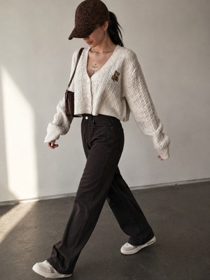 Mery Mery Boutique Kadın Trend Popüler Örgülü Kısa Hırka Ayı Işlemeli