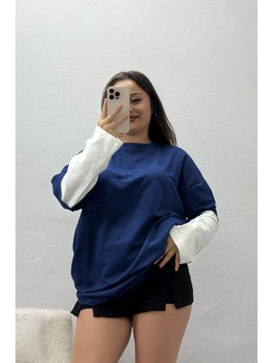 Belendir Kadın Garnili Kol Vorteks Sweat Lacivertbeyaz