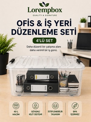 Lorempbox 40 L Ofis & Iş Yeri Düzenleme Kutusu 4’lü Set – Kilitli, Istiflenebilir, Şeffaf Saklama ve Arşiv Kutusu