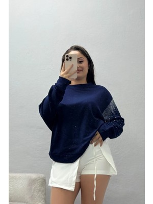 Belendir Kadın Kolları Taş Detay Modal Sweat Lacivert
