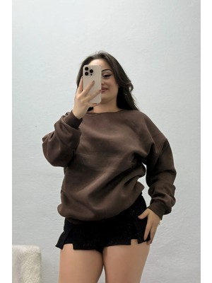 Belendir Kadın Bisiklet Yaka Üç Iplik Sweat Kahve