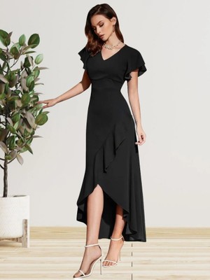 Lune Store Kadın Kolları ve Eteği Volanlı Ithal Krep Elbise