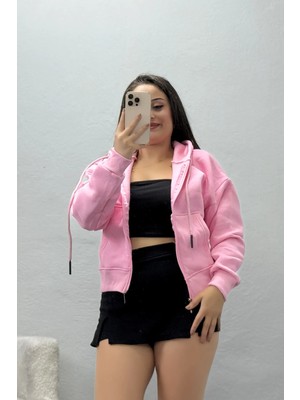 Belendir Kadın 3 Iplik Şardonlu Kanguru Cepli Fermuarlı Sweat Pembe