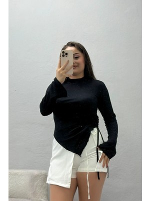 Belendir Kadın Bel Büzgülü Asimetrik Kesim Buzy Bluz Siyah