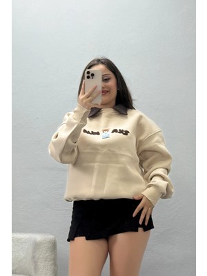 Belendir Kadın Polo Yaka Nakışlı 3 Iplik Şardonlu Sweat Bejkahve