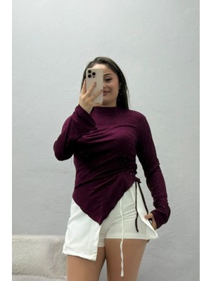 Belendir Kadın Bel Büzgülü Asimetrik Kesim Buzy Bluz Mürdüm