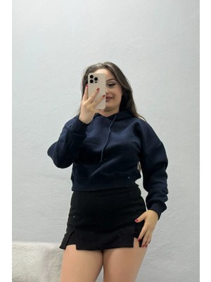 Belendir Kadın 3 Iplik Kapşonlu Crop Sweat Lacivert