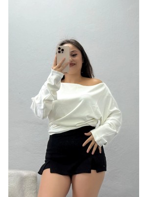 Belendir Kadın Kayık Yaka Modal Bluz Beyaz