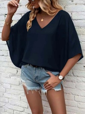 Lune Store Kadın Kısa Kollu V Yakalı Salaş Viskon Bluz