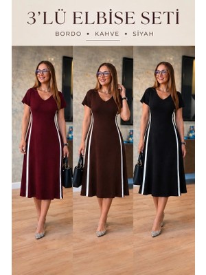 Lune Store Kadın Kısa Kollu V Yakalı Yanları Şerit Detaylı Viskon Iki Iplik Midi Elbise 3'lü Renk Paketi