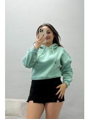 Belendir Kadın 3 Iplik Kapşonlu Crop Sweat Çağla