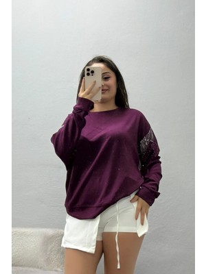 Belendir Kadın Kolları Taş Detay Modal Sweat Mürdüm