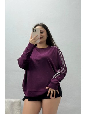 Belendir Kadın Şerit Detaylı Modal Sweat Mürdüm