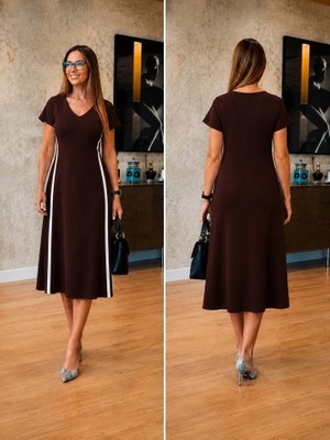 Lune Store Kadın Kısa Kollu V Yakalı Yanları Şerit Detaylı Viskon Iki Iplik Midi Elbise