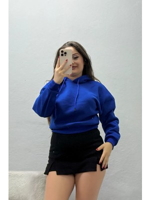 Belendir Kadın 3 Iplik Kapşonlu Crop Sweat Saks