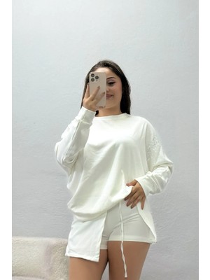 Belendir Kadın Kolları Taş Detay Modal Sweat Beyaz