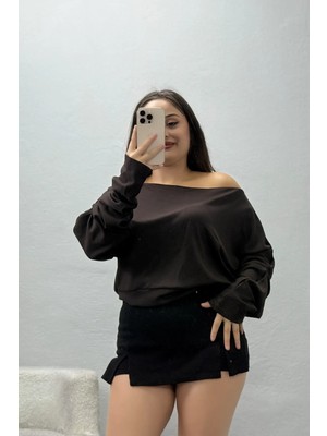Belendir Kadın Kayık Yaka Modal Bluz Kahve