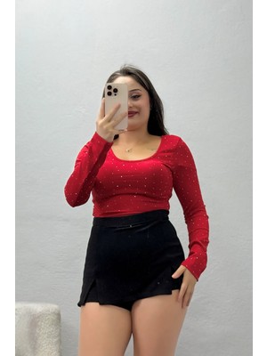 Belendir Kadın Modal U Yaka Taşlı Bluz Kırmızı