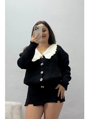 Belendir Kadın Bebe Yaka Düğmeli Triko Hırka Siyah