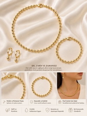 Bijutakı Premium Gold Top Boncuklu Kolye Bileklik Küpe 3’lü Takı Seti