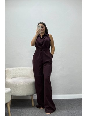 Belendir Kadın Drape Detaylı Gömlek Yaka Double Tulum Mürdüm