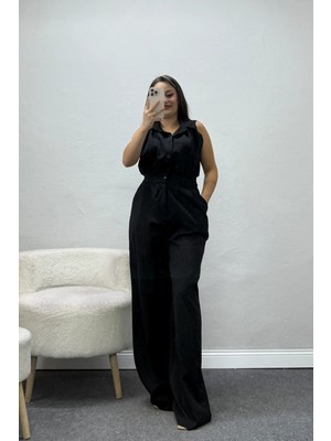 Belendir Kadın Drape Detaylı Gömlek Yaka Double Tulum Siyah