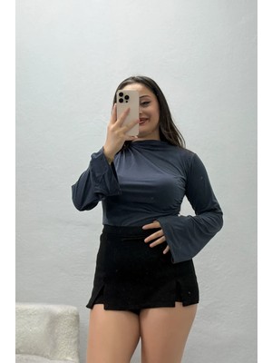Belendir Kadın Drapeli Ispanyol Kol Sandy Bluz Füme