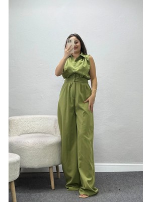 Belendir Kadın Drape Detaylı Gömlek Yaka Double Tulum Çağla