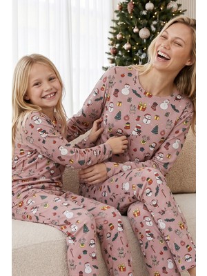 Siyah İnci Pudra Desenli Yılbaşı Temalı Pamuklu Likralı Örme Pijama TAKIM26241173