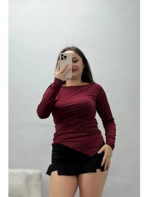 Belendir Kadın Tek Omuz Kurdele Detay Asimetrik Sandy Bluz Bordo