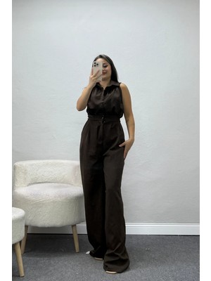 Belendir Kadın Drape Detaylı Gömlek Yaka Double Tulum Kahve