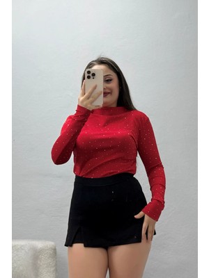 Belendir Kadın Modal Taşlı Dik Yaka Bluz Kırmızı