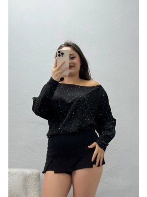 Belendir Kadın Modal Taşlı Bluz Siyah