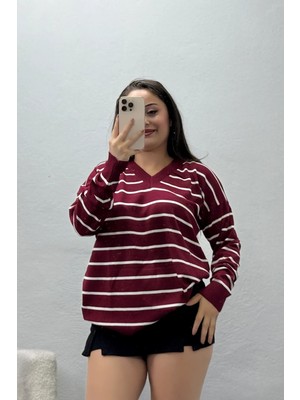 Belendir Kadın V Yaka Çizgili Triko Bordo