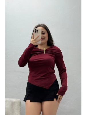 Belendir Kadın Aksesuar Detay Uzun Kol Sandy Bluz Bordo