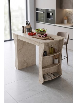 Solmazlar Online Mutfak Masası Mutfak Adası Ada Masa Bar Masası Kahvaltı Masası Raflı Çok Amaçlı Dolap Modern Masa 120X60 cm 9835 Traverten