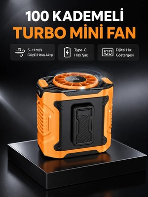 TeknoKapsül Dijital Ekranlı Turbo Mini Fan – 3 Kademeli Hız, Sessiz Çalışma ve Type-C Şarj