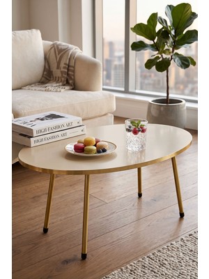 Solmazlar Online Gold Metal Oval Orta Sehpa Krem