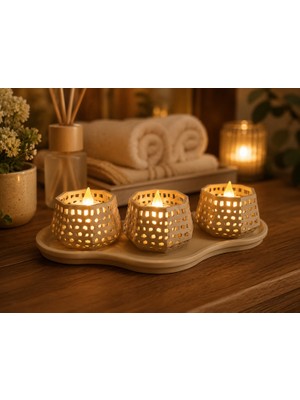 Solmazlar Online 3D Baskı Dekoratif Mumluk Seti - Desenli Tealight ve Masaüstü Aydınlatma Objesi-Bej