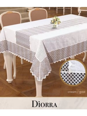 Diorra Model Krem-Gold Keten 160X220 cm Kendinden Runnerli Şık Masa Örtüsü