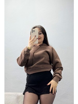 Belendir Kadın 3 Iplik Kapşonlu Crop Sweat Kahve