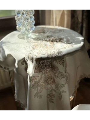Simella Model Krem-Kapi Nakış Işlemeli Çeyizlik Masa Örtüsü Runner Seti 5 Parça Salon Takımı