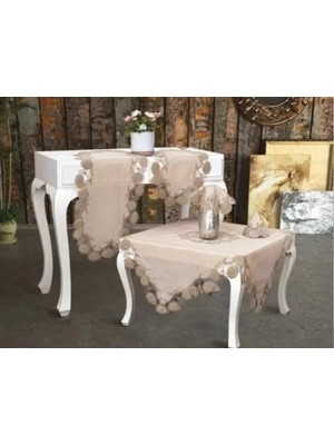 Ceki Home Salon Takımı 5 Parça Keten Dantelli Masa Örtüsü Runner Seti Çeyizlik Flowers Model Kapiçino