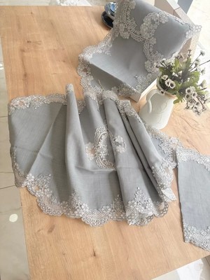 Çeyizlik Firuze Model Gri 5 Parça Keten Dantelli Salon Takımı Runner Seti No 486745