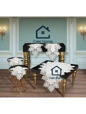 Pera Model Krem 5 Parça Çeyizlik Dantelli Keten Masa Örtüsü Runner Seti Salon Takımı
